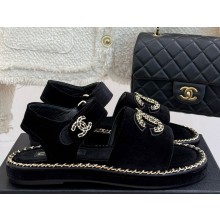 Chanel Double C with chain sandals black velvet 2025