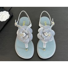 Chanel flat Camellia suede flip-flop sandals light blue 2025