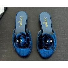 Chanel flat Camellia suede slipper dark blue 2025