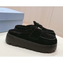 Prada flatform with metal triangle logo mule black suede 2025