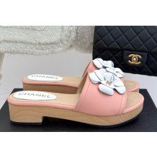 Chanel Camellia lambskin slippers heel 4cm white/pink 2025