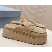 Prada flatform with metal triangle logo mule beige suede 2025
