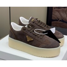 Prada flatform suede sneakers with metal triangle logo coffee 2025