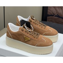 Prada flatform suede sneakers with metal triangle logo brown 2025