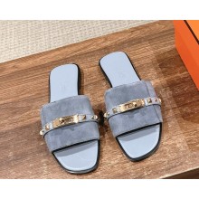 Hermes Giulia sandals in Suede with Kelly buckle and rivet blue (original quality) 2025