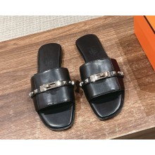 Hermes Giulia sandals in calfskin with Kelly buckle and rivet black (original quality) 2025
