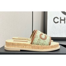 Chanel flat CC Tweed and leather mule green/brown 2025