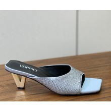 Versace silk crystal mules with metal Heel light blue 2025