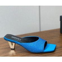 Versace silk crystal mules with metal Heel blue 2025