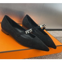 Hermes kiara pointed suede calfskin with kelly ballet flat black 2025