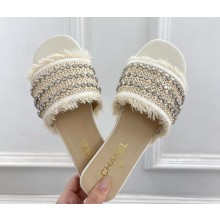 ‎Chanel flat slippers with crystal and tassels white 2025