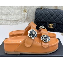 Chanel Camellia platform calf leather mules orange 2025