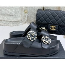 Chanel Camellia platform calf leather mules black 2025