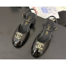 Chanel Lambskin and patent Calfskin mary janes with CC metal logo black heel 4.5cm 2025 