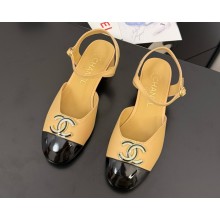 Chanel Lambskin and patent Calfskin mary janes with CC metal logo black/beige heel 4.5cm 2025 