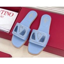 VALENTINO GARAVANI VLOGO cut-out calfskin flat slides sky blue 2025