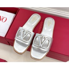 VALENTINO GARAVANI VLOGO cut-out calfskin flat slides silver 2025