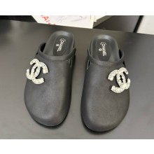 Chanel suede mule with crystal CC logo black 2025