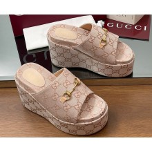 GUCCI Women's wedge sandal with Horsebit light pink GG canvas 816328 heel 12cm platform 7cm 2025