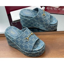GUCCI Women's wedge sandal with Horsebit blue GG canvas 816328 heel 12cm platform 7cm 2025
