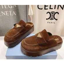 Prada flatform with metal triangle logo mules suede brown 2025