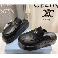 Prada flatform with metal triangle logo mules black leather 2025
