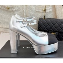 Chanel heel 11cm platform 4cm Mary Janes Laminated Lambskin & Grosgrain G46433 Silver & Black 2025