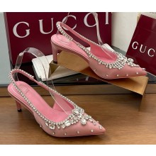 Gucci Women's pump with crystals 812192 light pink satin heel 6.5cm 2025