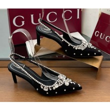 Gucci Women's pump with crystals 812192 black satin heel 6.5cm 2025
