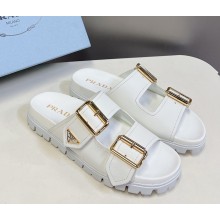 Prada women/men triangle-logo and buckle leather slides white 2025
