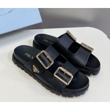 Prada women/men triangle-logo and buckle leather slides black 2025