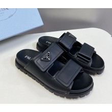 Prada women/men triangle-logo leather slides black 2025