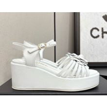 Chanel Camellia lambskin wedge sandals white 2025