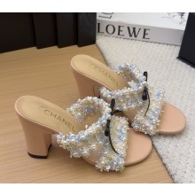Chanel mules sandals Tweed with Pearl decoration beige heel 9cm/5cm 2025
