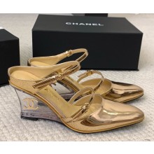 Chanel slingback pumps wedge patent calfskin gold 2025