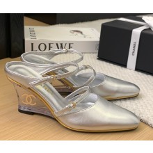 Chanel slingback pumps wedge calfskin silver 2025