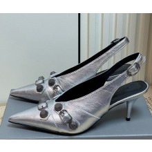 Balenciaga Women's Cagole Leather Slingback Pumps silver heel 7cm 2025