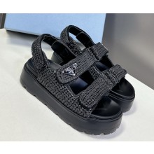 Prada Crochet sandals with enameled metal triangle logo black 2025