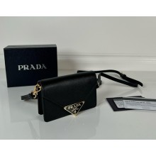 PRADA Saffiano leather card holder with shoulder strap 1MR033 black 2025