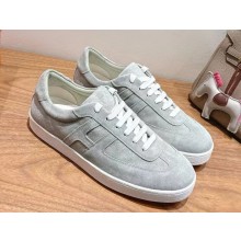 Hermes women/men Boomerang sneaker in supple suede calfskin with iconic orange sole light grey 2025