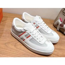 Hermes women/men Boomerang sneaker in Epsom calfskin and printed Epsom calfskin with iconic orange sole multicolore gris tempérance 2025