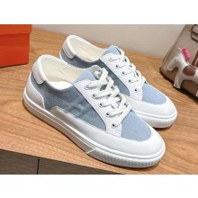 Hermes women/men Deep sneaker in calfskin and canvas blanc / light blue 2025