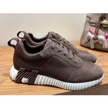 Hermes women/men Bouncing sneaker in cotton canvas and suede goatskin coffee 2025