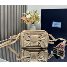 Prada Re-Nylon and nappa leather mini shoulder bag with bow 1BH166 Camel Brown 2025