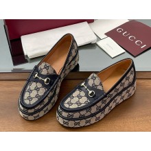 Gucci Women's Horsebit wedge loafer 794316 dark blue and beige Original GG canvas 2025