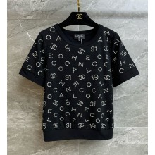 Chanel T-shirt with logo and crystal black 2025