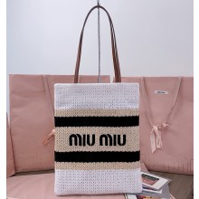 MIU MIU Raffia-effect woven tote bag 5BG248 black / white / beige 2025