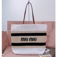 MIU MIU Raffia-effect woven tote bag 5BG228 black/white/beige 2025