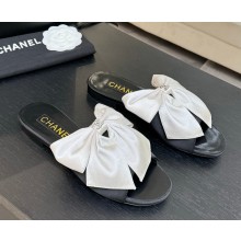 Chanel Silk Bow Leather Sandals With Crystal logo black / white 2025