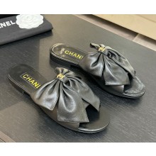 Chanel  Bow Leather Sandals With Crystal logo black 2025